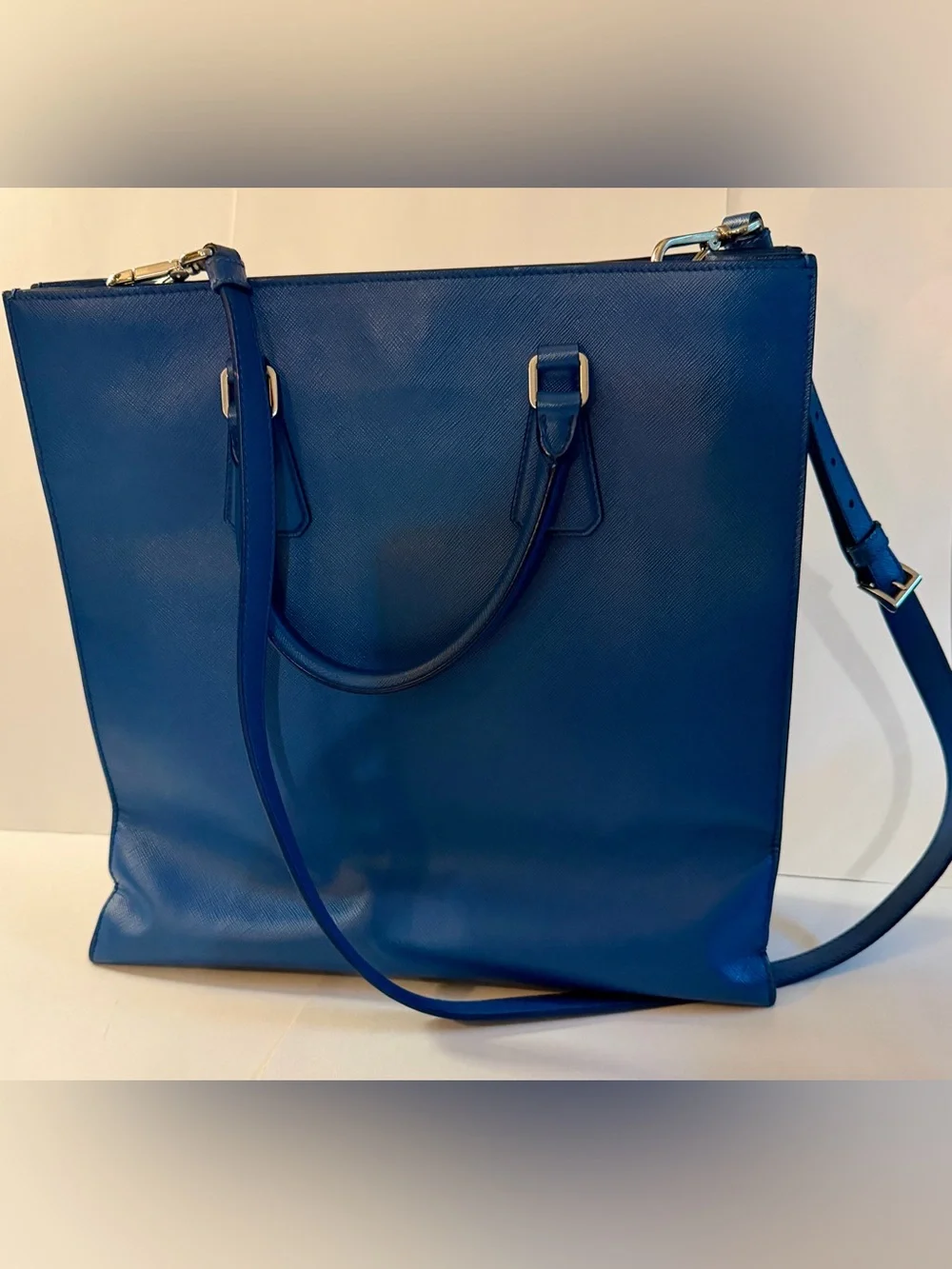 Prada Blue Leather Saffiano Structured Shoulder Tote